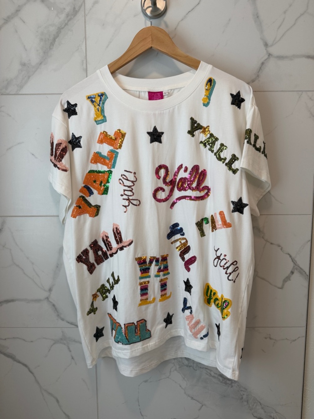 QOS White Sequin 'Y'all' Graphic Tee